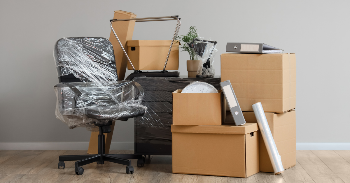 packed office equipment, ready for a commercial moving service