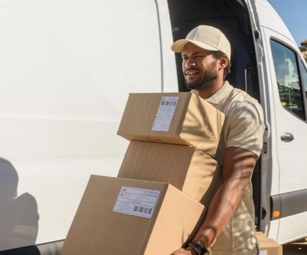 Packing and moving specialists wrapping and organizing boxes for transport