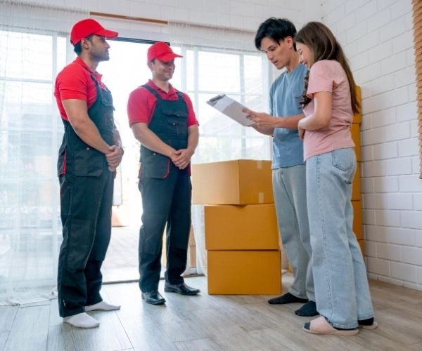 Moving labor crew carrying packed boxes during a local moving project