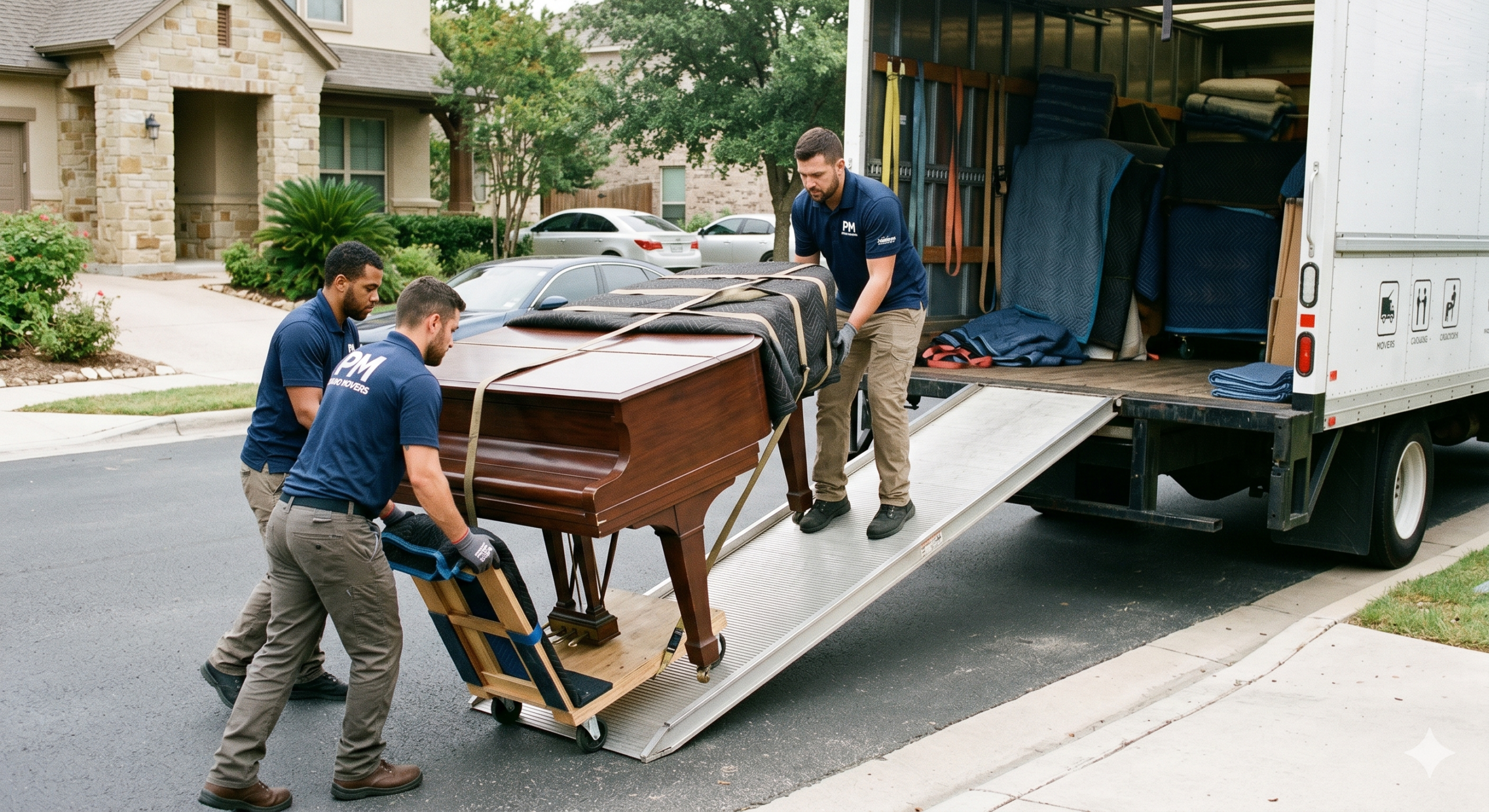 Piano being moved into a truck by Pops Moving professionals